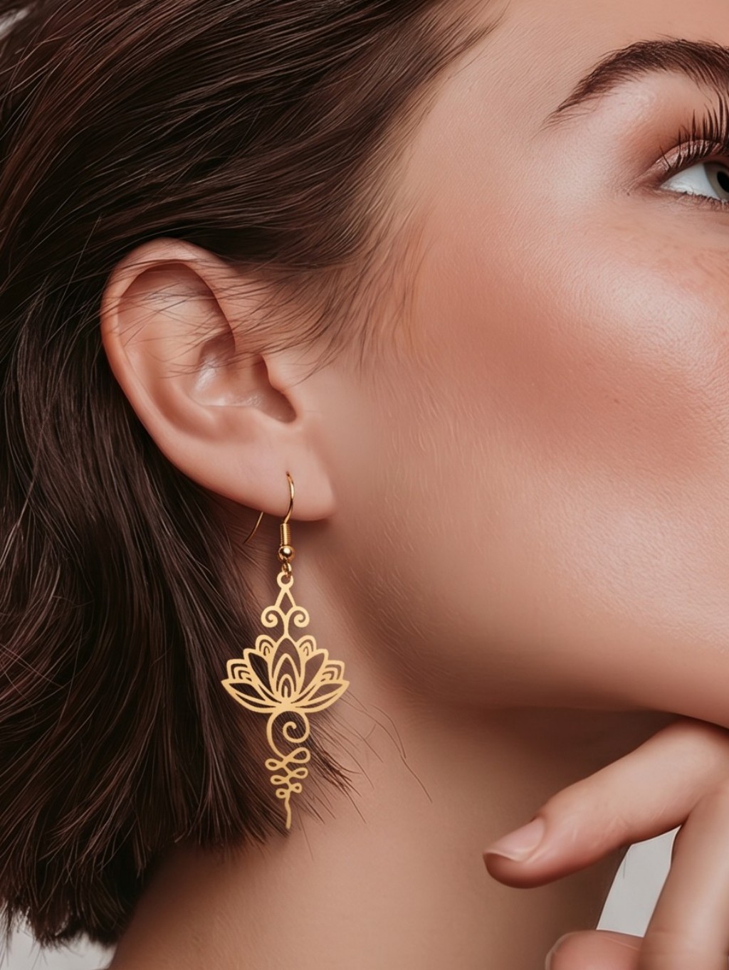 Gold Stainless Steel Lotus Flower Earrings Spiritual Chakra Drop Dangle Minimal